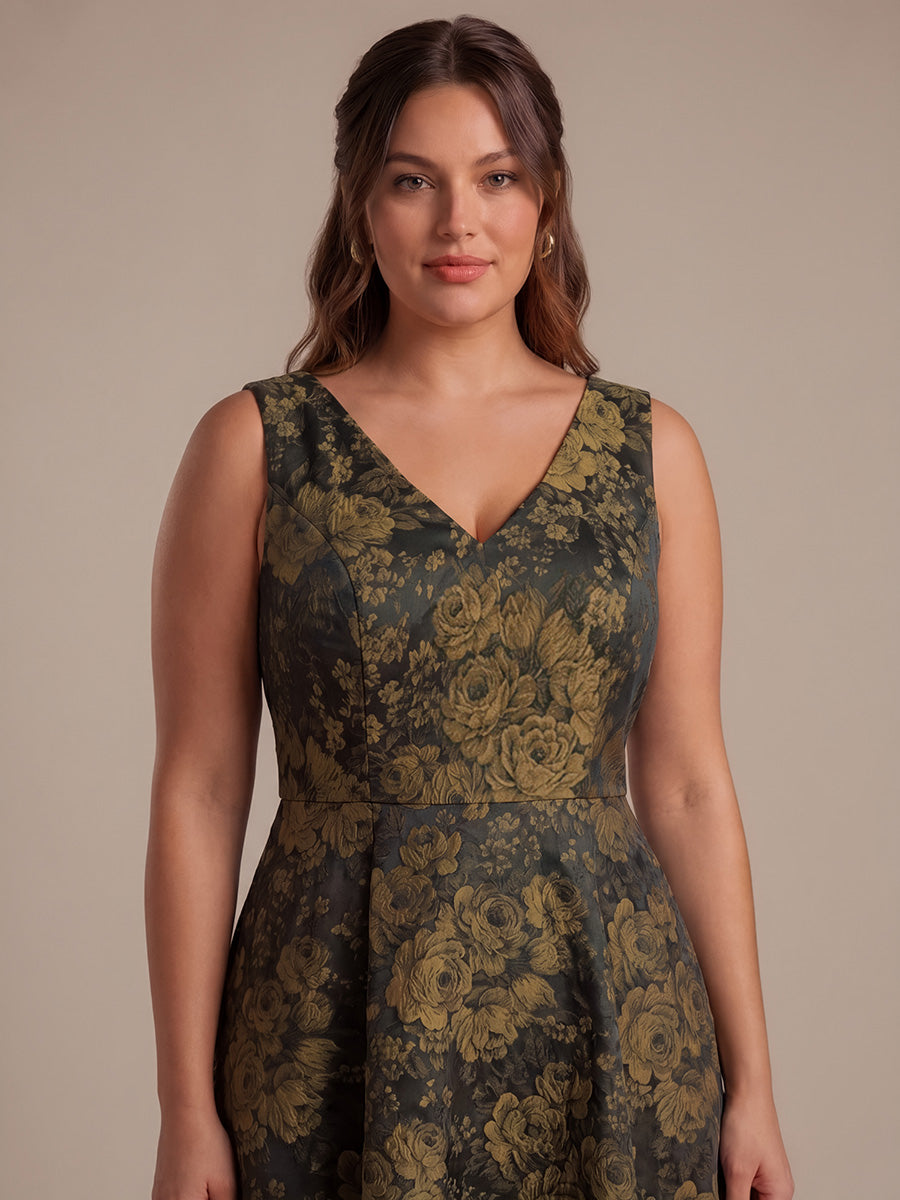 Plus Size Floral Print Jacquard Cap Sleeve Wedding Guest Dress