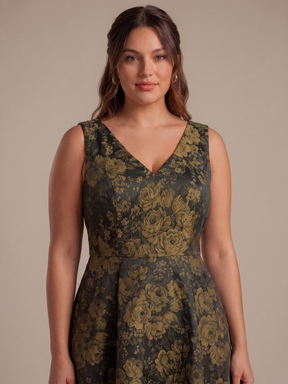 Plus Size Floral Print Jacquard Cap Sleeve Wedding Guest Dress