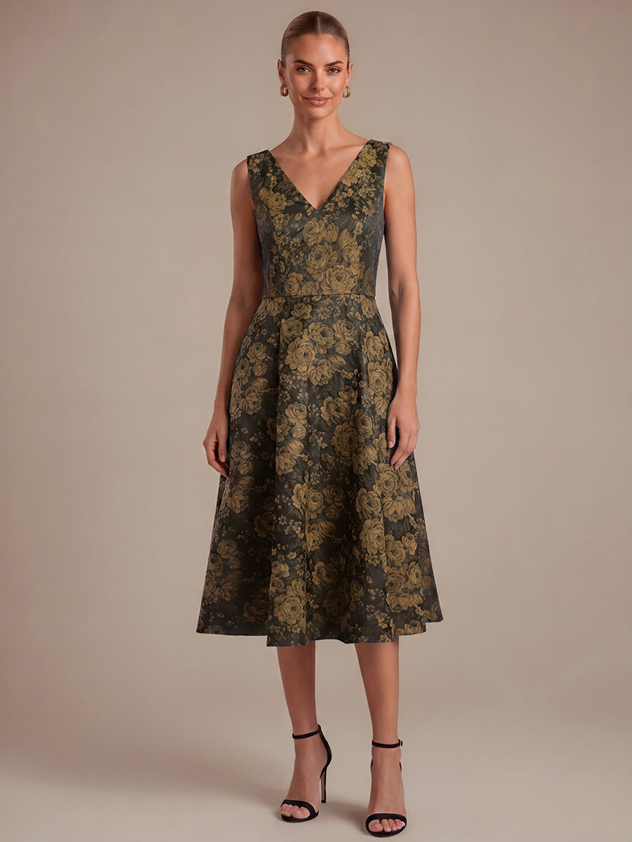 Floral Print Jacquard V-Neck Midi Wedding Guest Dress