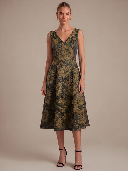 Floral Print Jacquard V-Neck Midi Wedding Guest Dress