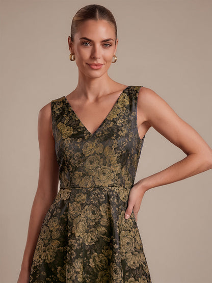 Floral Print Jacquard V-Neck Midi Wedding Guest Dress
