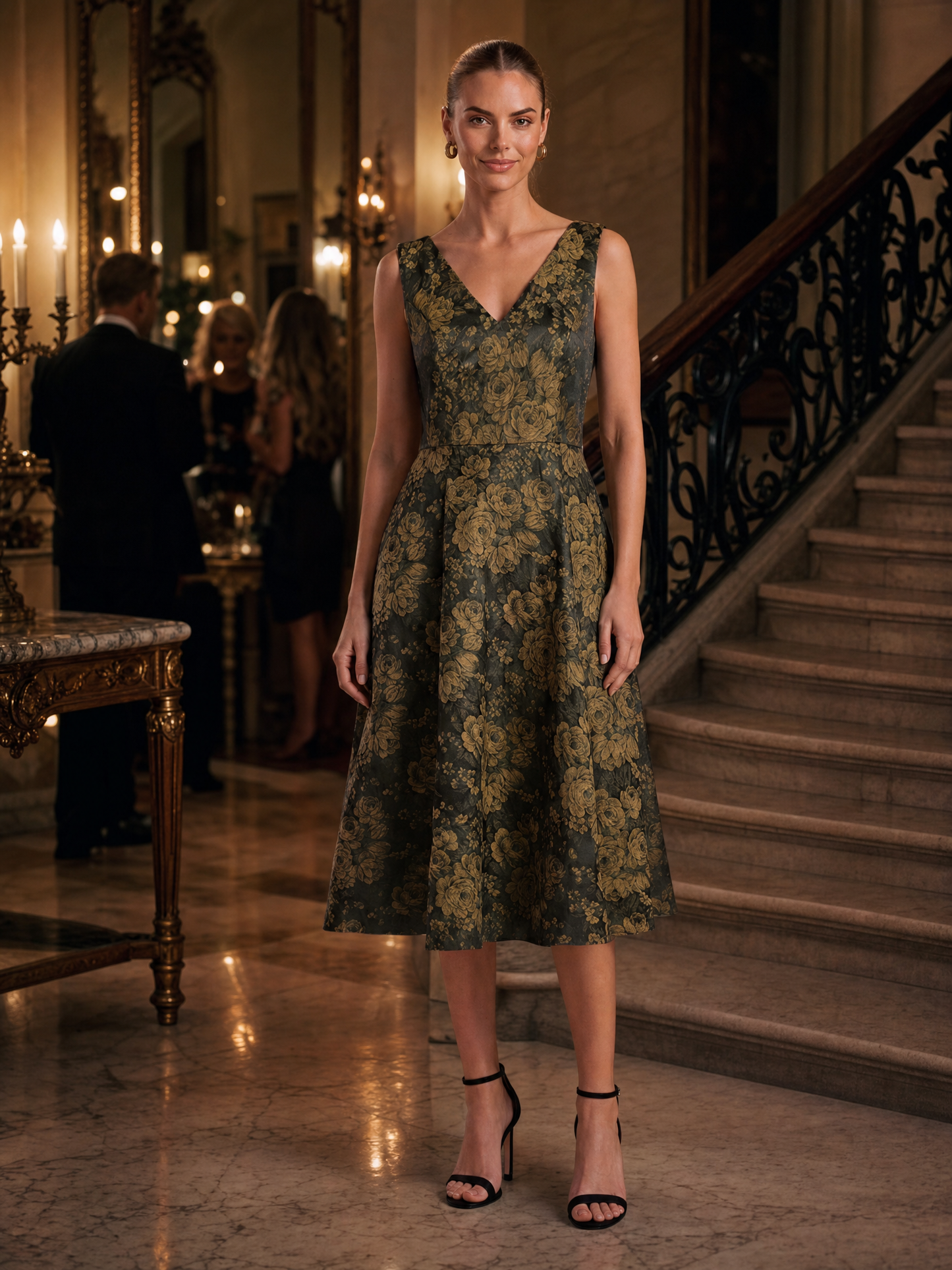 Floral Print Jacquard V-Neck Midi Wedding Guest Dress
