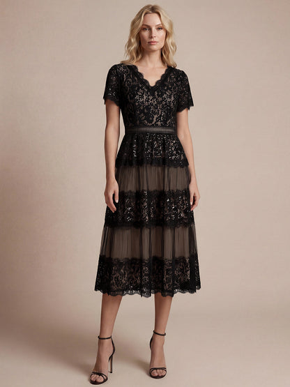 Lace Ruffle Sleeve A-Line Wedding Guest Dress