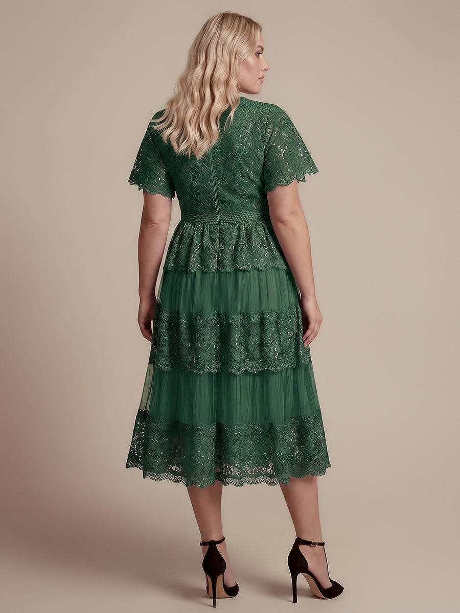 Plus Size Tiered Tulle Lace Wedding Guest Dress