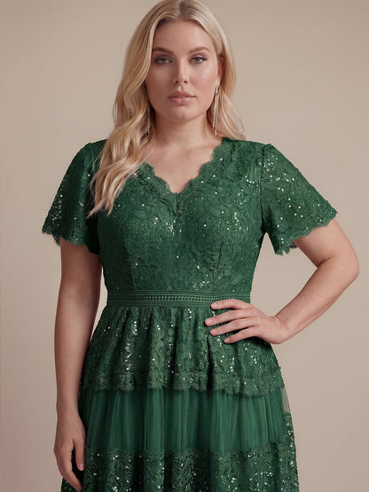 Plus Size Tiered Tulle Lace Wedding Guest Dress