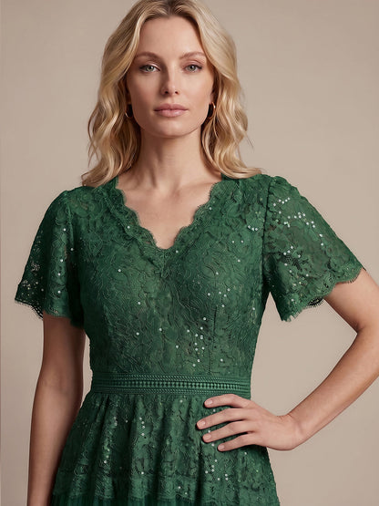 Lace Ruffle Sleeve A-Line Wedding Guest Dress