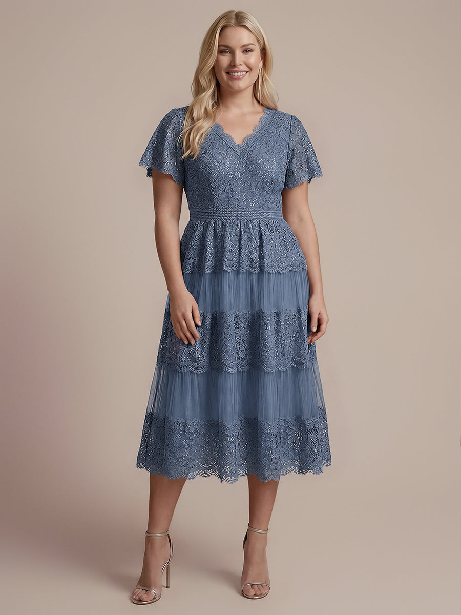 Plus Size Tiered Tulle Lace Wedding Guest Dress