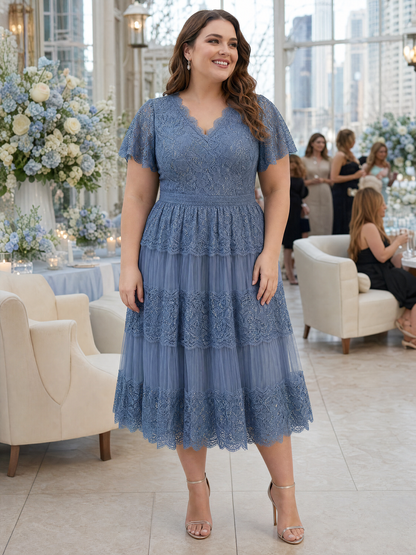 Lace Ruffle Sleeve A-Line Wedding Guest Dress