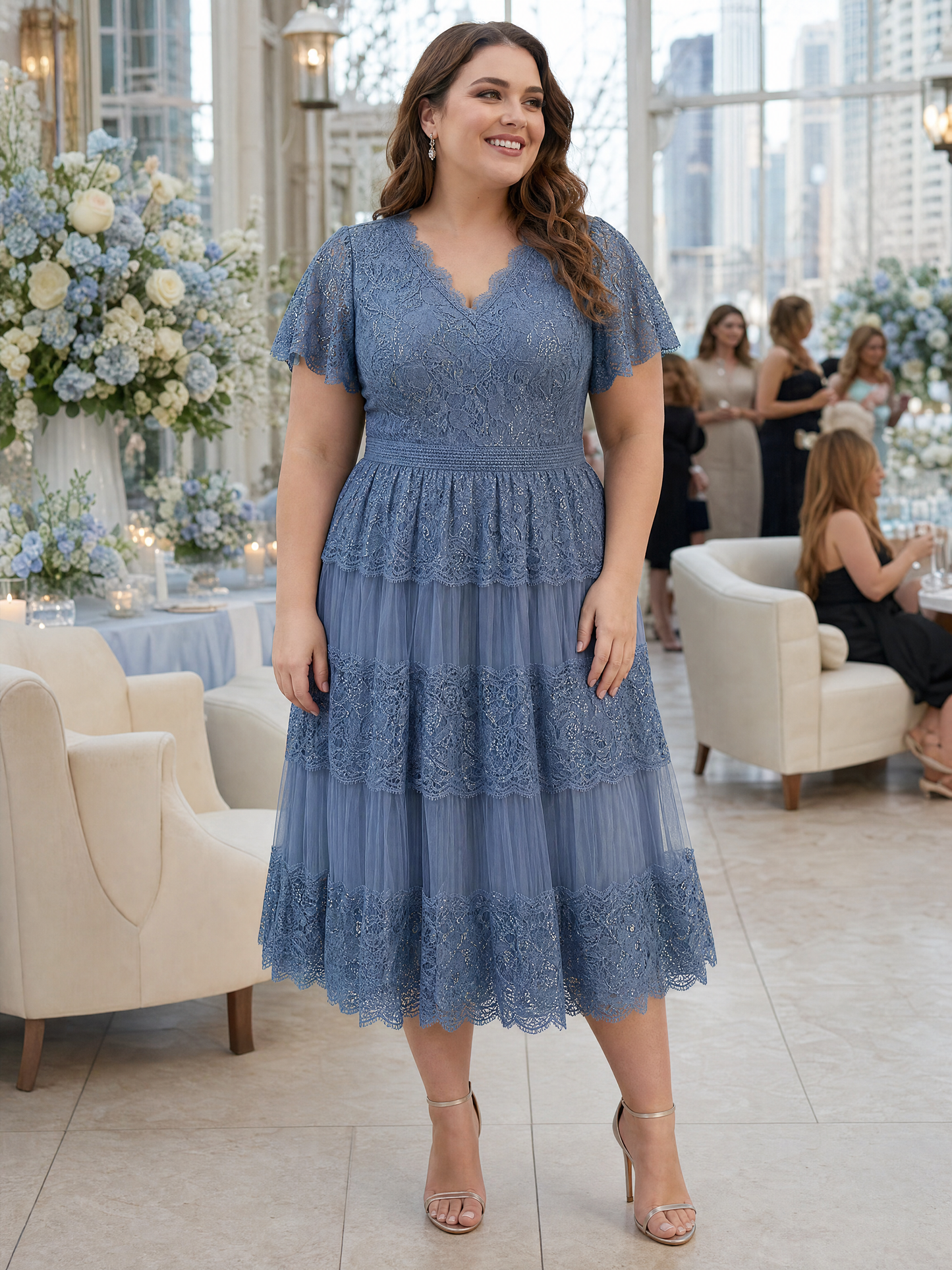 Plus Size Tiered Tulle Lace Wedding Guest Dress