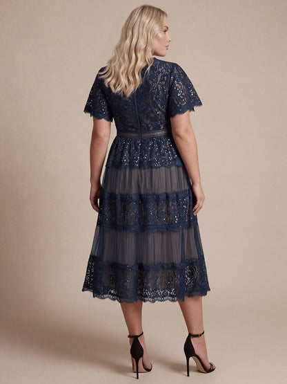 Plus Size Tiered Tulle Lace Wedding Guest Dress