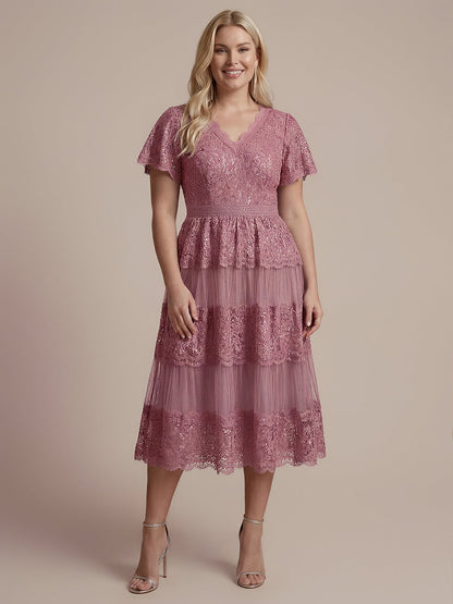 Lace Ruffle Sleeve A-Line Wedding Guest Dress