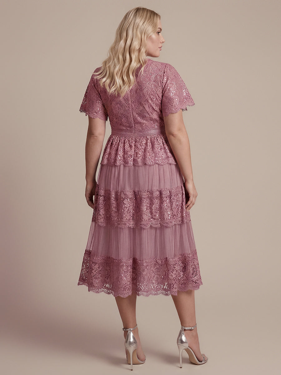 Plus Size Tiered Tulle Lace Wedding Guest Dress