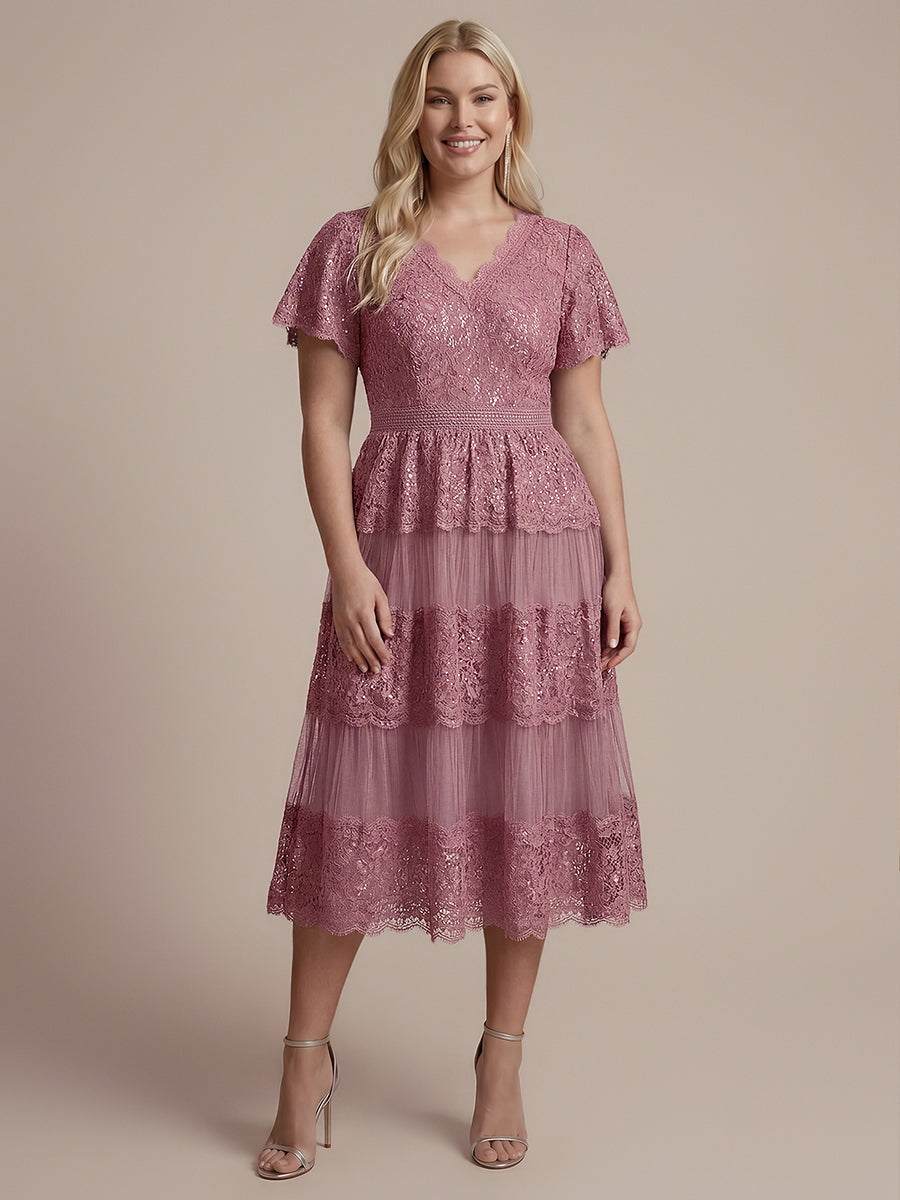 Plus Size Tiered Tulle Lace Wedding Guest Dress
