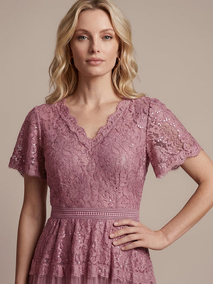 Lace Ruffle Sleeve A-Line Wedding Guest Dress