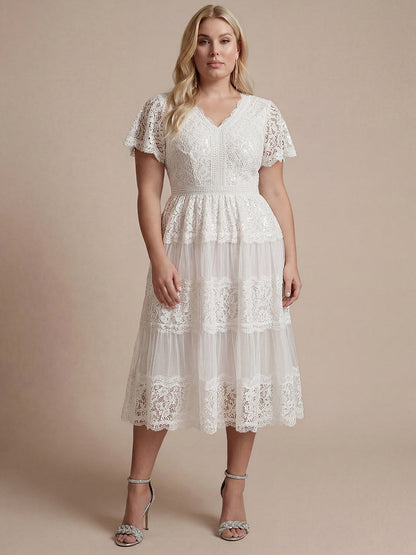 Lace Ruffle Sleeve A-Line Wedding Guest Dress