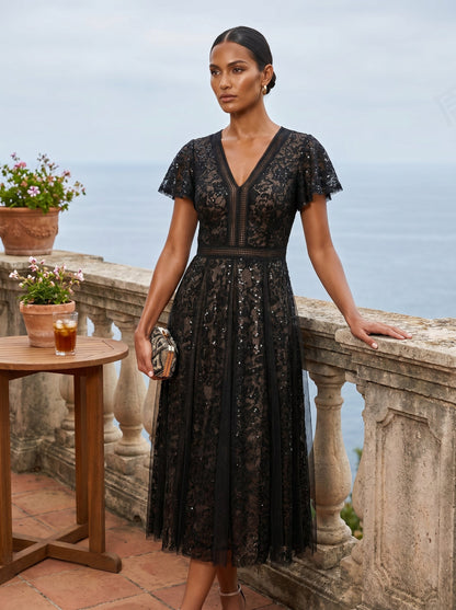 Lace Flutter Sleeve A-Line Wedding Guest Dress