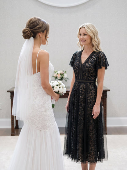 Lace Flutter Sleeve A-Line Wedding Guest Dress