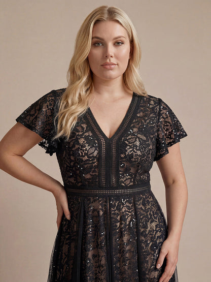 Lace Flutter Sleeve A-Line Wedding Guest Dress