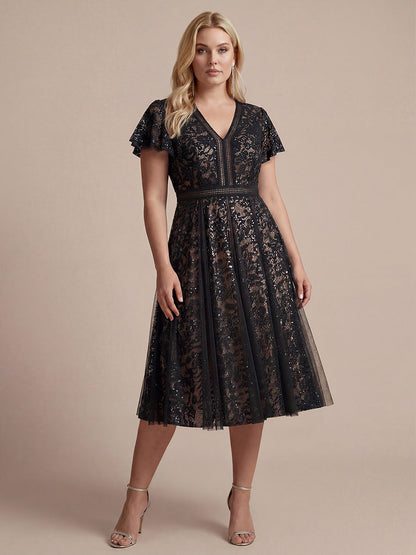 Lace Flutter Sleeve A-Line Wedding Guest Dress