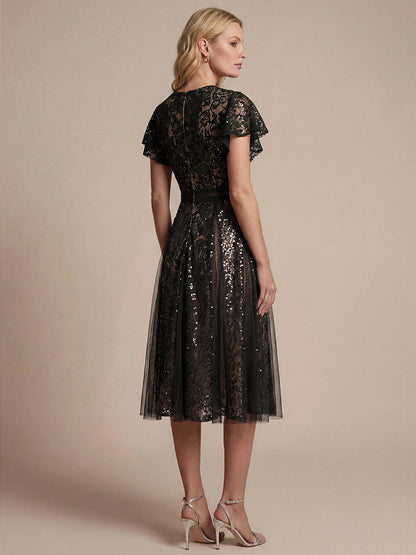 Lace Flutter Sleeve A-Line Wedding Guest Dress
