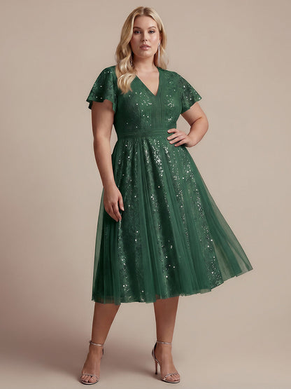 Lace Flutter Sleeve A-Line Wedding Guest Dress