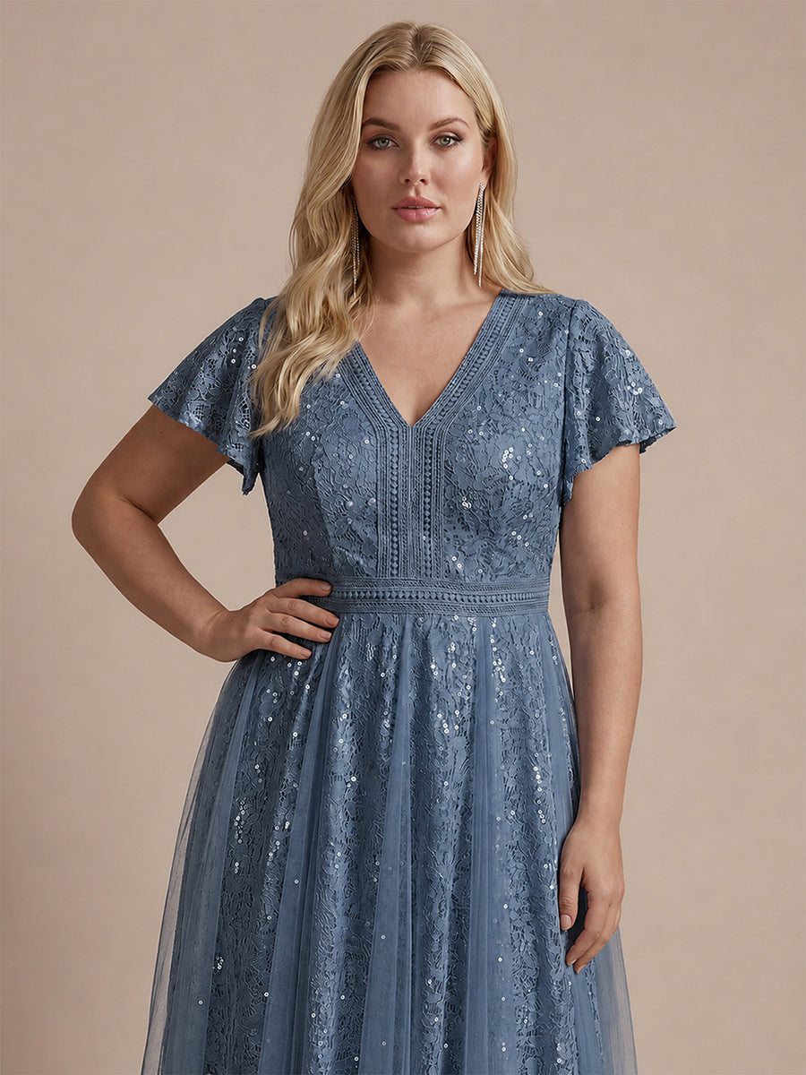 Lace Flutter Sleeve A-Line Wedding Guest Dress