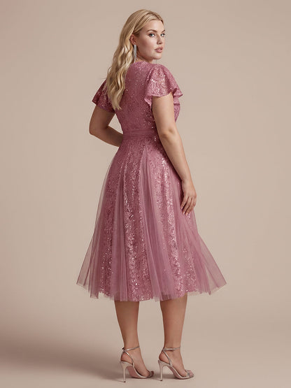 Lace Flutter Sleeve A-Line Wedding Guest Dress