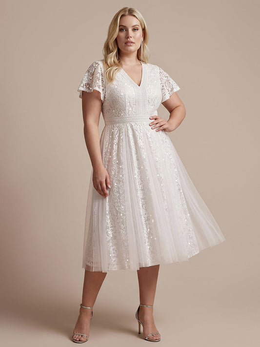 Plus Size Lace Ruffle Sleeve Wedding Guest Dress