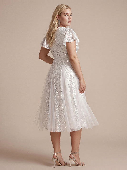 Plus Size Lace Ruffle Sleeve Wedding Guest Dress