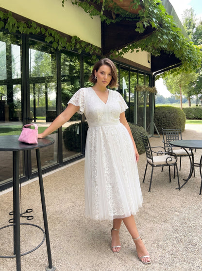 Plus Size Lace Ruffle Sleeve Wedding Guest Dress