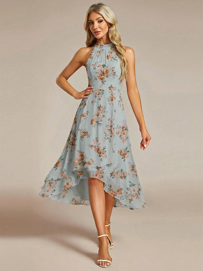 ever POSIE|Midi Halter Neck Chiffon Wedding Guest Dress with Sleeveless and A-Line