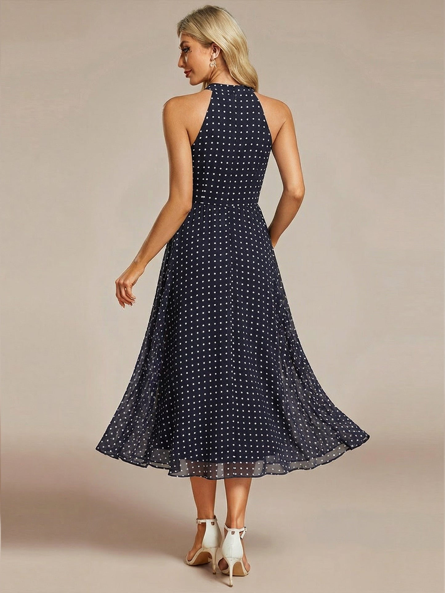 ever POSIE|Midi Halter Neck Chiffon Wedding Guest Dress with Sleeveless and A-Line