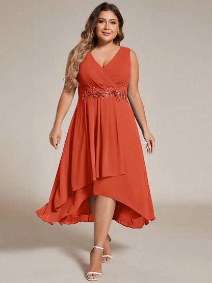 ever IRYS|Sleeveless V-Neck High Low Wedding Guest Dress with Floral Applique