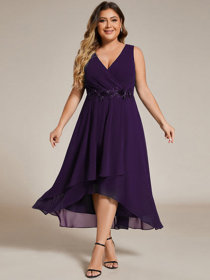 pretty IRYS|Sleeveless V-Neck High Low Plus Size Wedding Guest Dress with Floral Applique