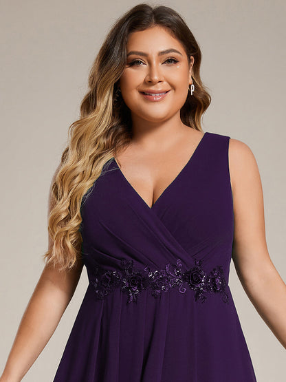 pretty IRYS|Sleeveless V-Neck High Low Plus Size Wedding Guest Dress with Floral Applique