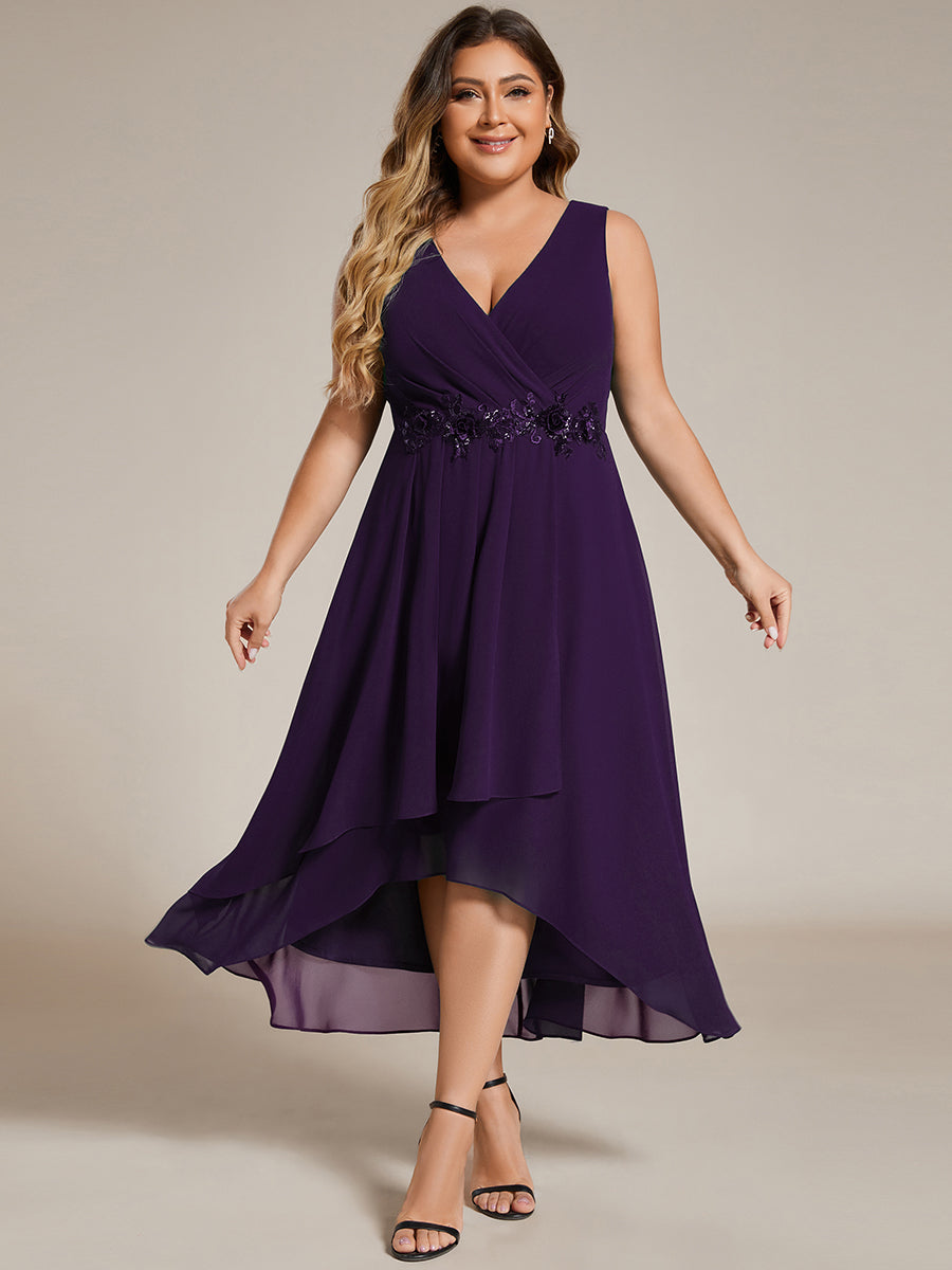 ever IRYS|Sleeveless V-Neck High Low Wedding Guest Dress with Floral Applique