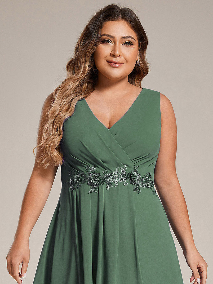 ever IRYS|Sleeveless V-Neck High Low Wedding Guest Dress with Floral Applique