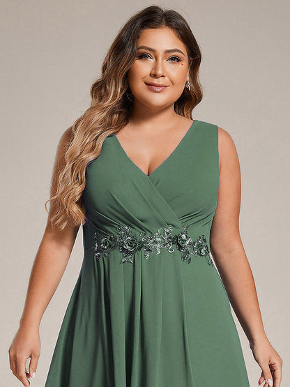 ever IRYS|Sleeveless V-Neck High Low Wedding Guest Dress with Floral Applique