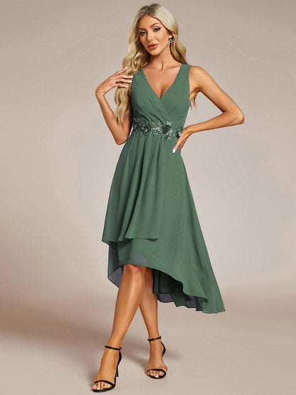 ever IRYS|Sleeveless V-Neck High Low Wedding Guest Dress with Floral Applique