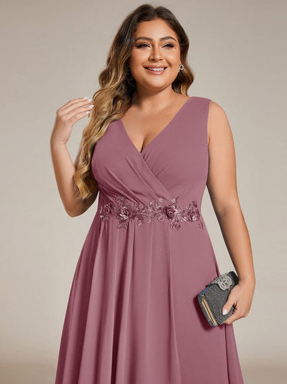ever IRYS|Sleeveless V-Neck High Low Wedding Guest Dress with Floral Applique