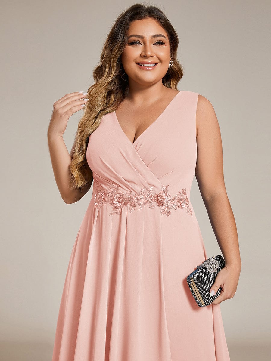 ever IRYS|Sleeveless V-Neck High Low Wedding Guest Dress with Floral Applique