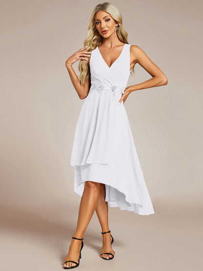 ever IRYS|Sleeveless V-Neck High Low Wedding Guest Dress with Floral Applique