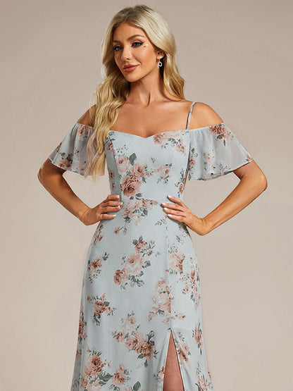 ever REYA|Off Shoulder High Slit Chiffon Flowy Bridesmaid Dress