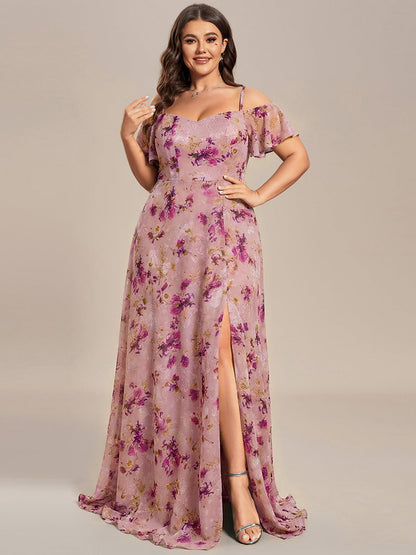 ever REYA|Off Shoulder High Slit Chiffon Flowy Bridesmaid Dress