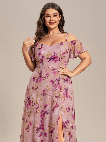 ever REYA|Off Shoulder High Slit Chiffon Flowy Bridesmaid Dress