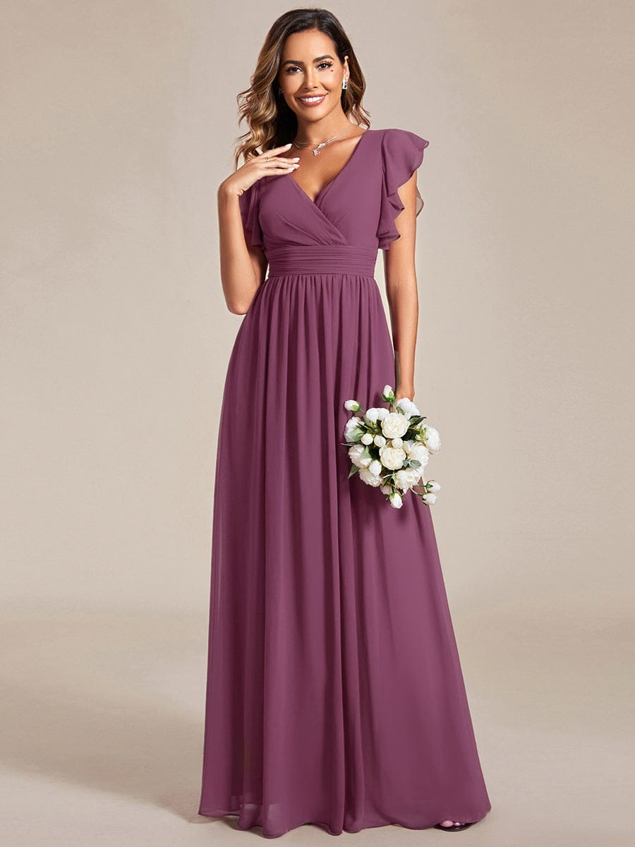 ever LILYANA|Back Cutout A-Line Pleated Ruffles Sleeve Chiffon Bridesmaid Dress