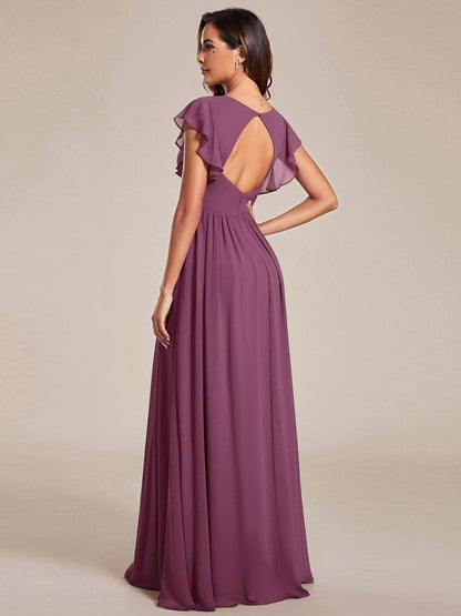 ever LILYANA|Back Cutout A-Line Pleated Ruffles Sleeve Chiffon Bridesmaid Dress