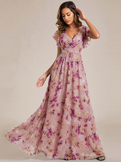 ever LILYANA|Back Cutout A-Line Pleated Ruffles Sleeve Chiffon Bridesmaid Dress