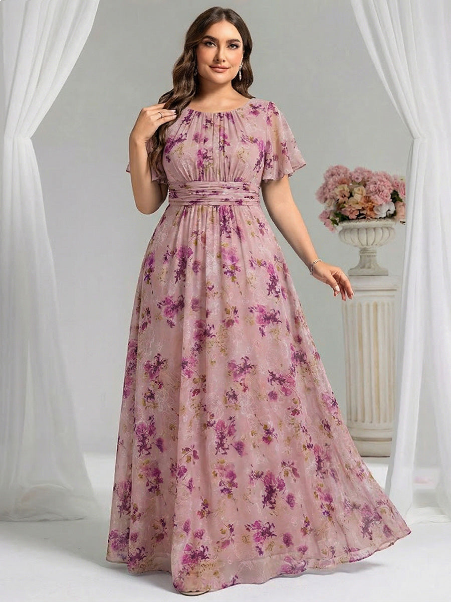 pretty KIMORA|Plus Size Printed Chiffon Pleated Maxi Wedding Guest Dress