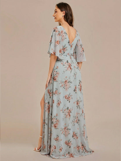 ever ELYAN|Half Sleeve V-Neck Pleated High Slit A-Line Chiffon Bridesmaid Dress